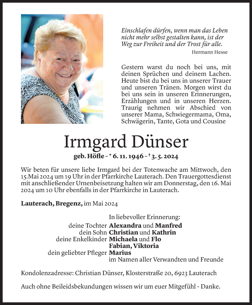  Todesanzeige für Irmgard Dünser vom 10.05.2024 aus Vorarlberger Nachrichten