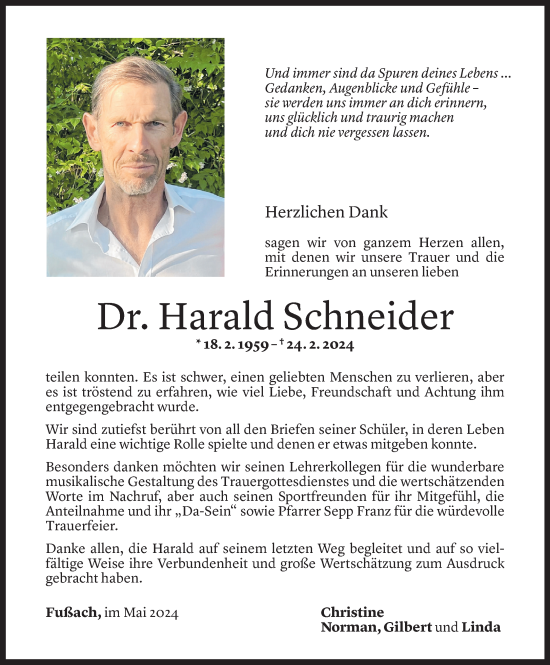 Todesanzeige von Harald Schneider von Vorarlberger Nachrichten