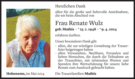 Todesanzeige von Renate Wulz von Vorarlberger Nachrichten