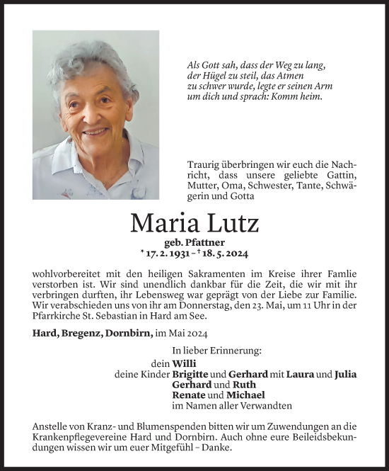 Todesanzeige von Maria Lutz von Vorarlberger Nachrichten