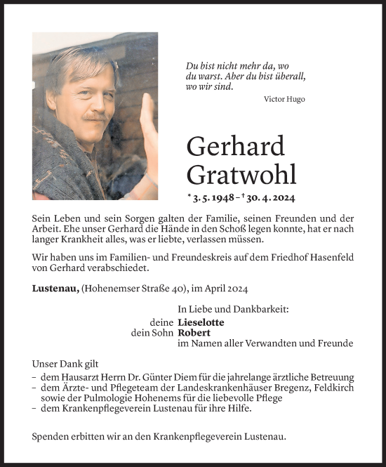 Todesanzeige von Gerhard Gratwohl von Vorarlberger Nachrichten