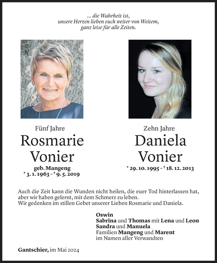  Todesanzeige für Rosmarie Vonier vom 08.05.2024 aus Vorarlberger Nachrichten