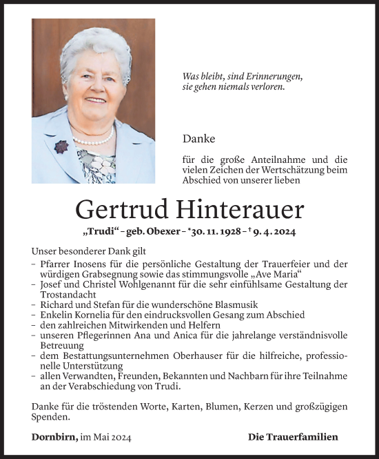 Todesanzeige von Gertrud Hinterauer von Vorarlberger Nachrichten