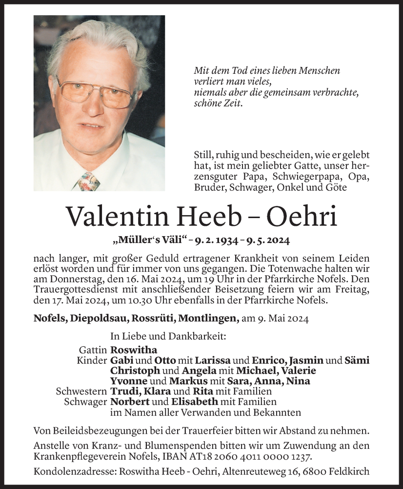  Todesanzeige für Valentin Heeb vom 14.05.2024 aus Vorarlberger Nachrichten