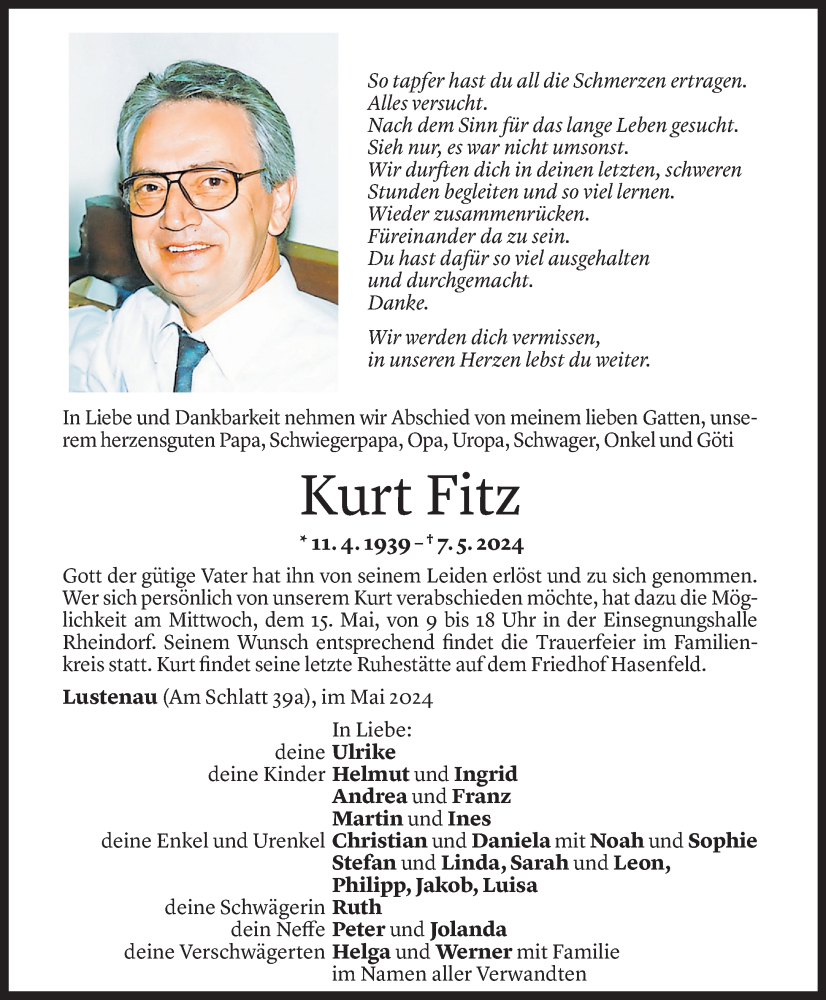  Todesanzeige für Kurt Fitz vom 12.05.2024 aus Vorarlberger Nachrichten