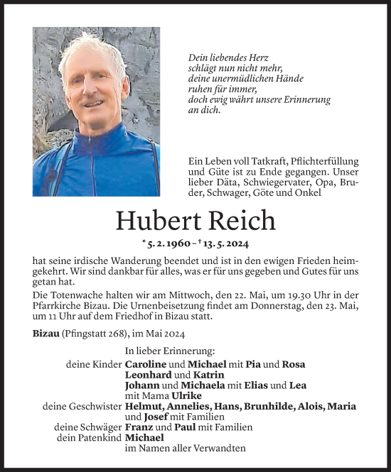 Todesanzeige von Hubert Reich von Vorarlberger Nachrichten