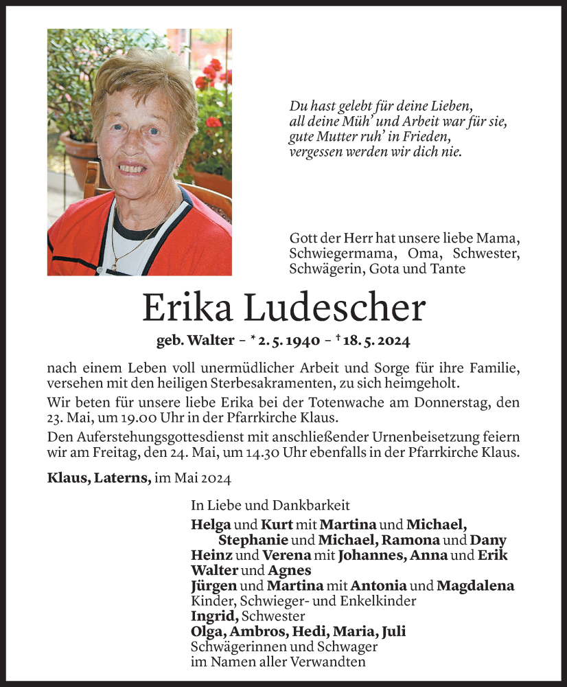  Todesanzeige für Erika Ludescher vom 22.05.2024 aus Vorarlberger Nachrichten