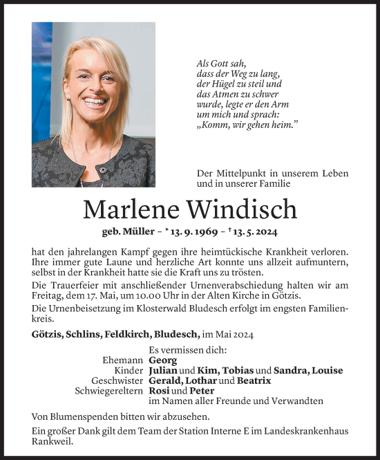 Todesanzeige von Marlene Windisch von Vorarlberger Nachrichten