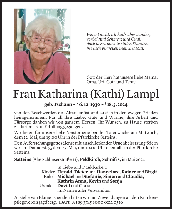 Todesanzeige von Katharina Lampl von Vorarlberger Nachrichten