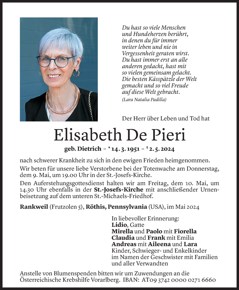  Todesanzeige für Elisabeth De Pieri vom 06.05.2024 aus Vorarlberger Nachrichten