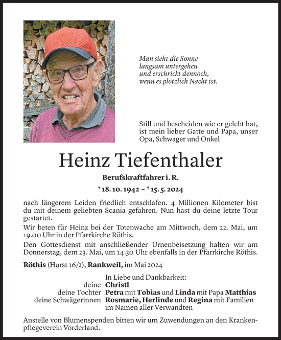 Todesanzeige von Heinz Tiefenthaler von Vorarlberger Nachrichten