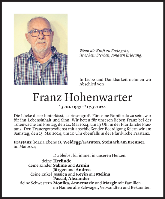 Todesanzeige von Franz Hohenwarter von Vorarlberger Nachrichten
