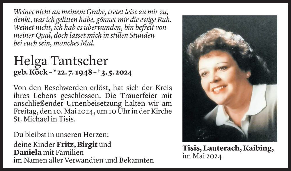  Todesanzeige für Helga Tantscher vom 08.05.2024 aus Vorarlberger Nachrichten