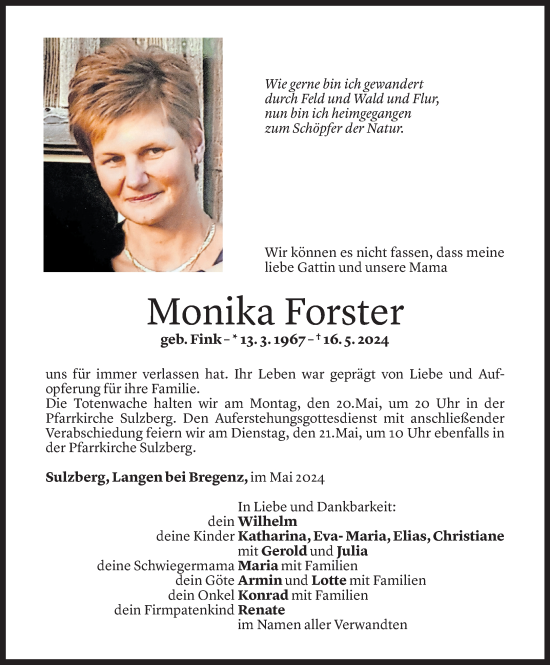Todesanzeige von Monika Forster von Vorarlberger Nachrichten