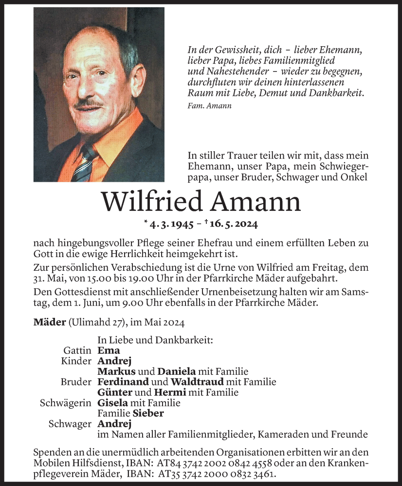  Todesanzeige für Wilfried Amann vom 27.05.2024 aus Vorarlberger Nachrichten
