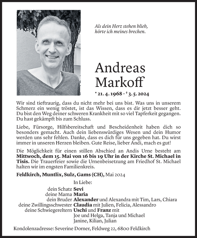  Todesanzeige für Andreas Markoff vom 12.05.2024 aus Vorarlberger Nachrichten