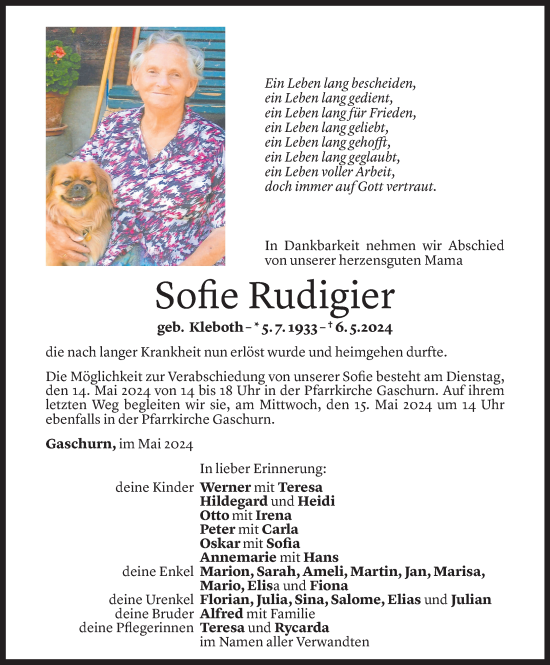 Todesanzeige von Sofie Rudigier von Vorarlberger Nachrichten
