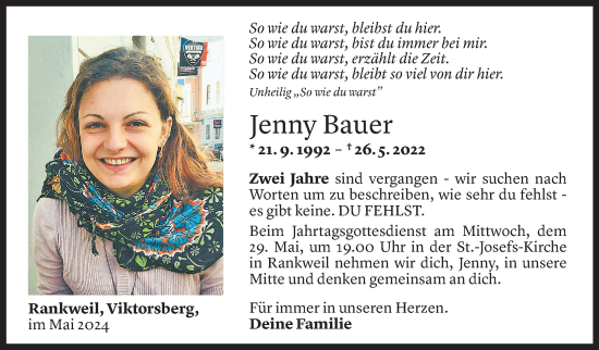 Todesanzeige von Jenny Bauer von Vorarlberger Nachrichten