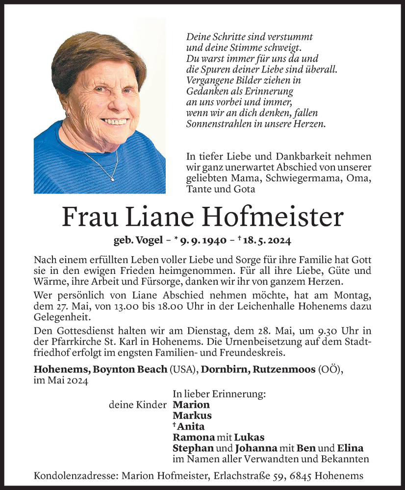  Todesanzeige für Liane Hofmeister vom 24.05.2024 aus Vorarlberger Nachrichten