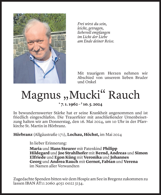 Todesanzeige von Magnus Rauch von Vorarlberger Nachrichten