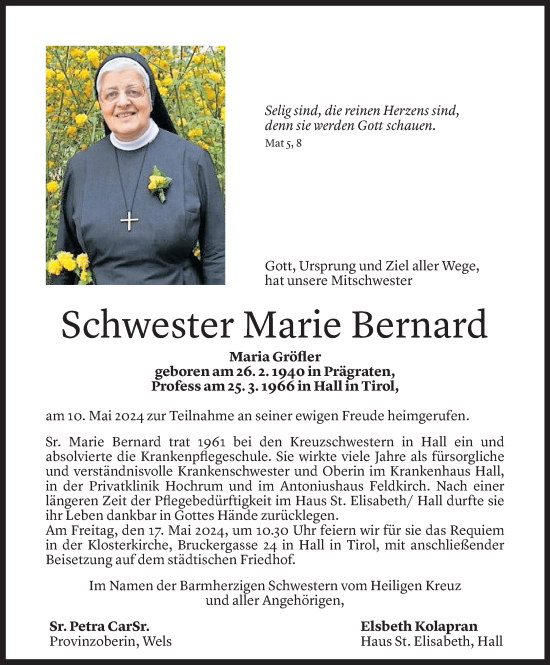 Todesanzeige von Marie Bernard von Vorarlberger Nachrichten