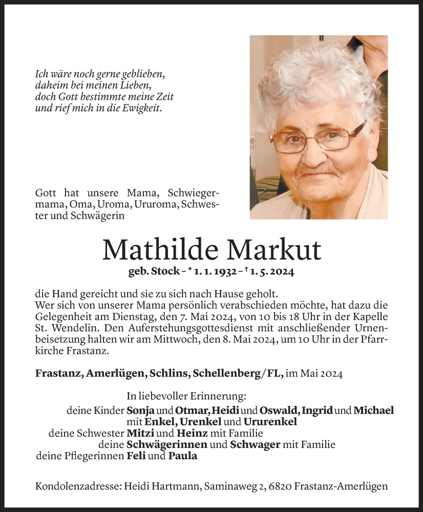  Todesanzeige für Mathilde Markut vom 04.05.2024 aus Vorarlberger Nachrichten