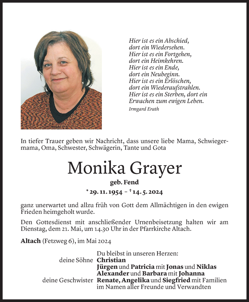  Todesanzeige für Monika Grayer vom 18.05.2024 aus vorarlberger nachrichten