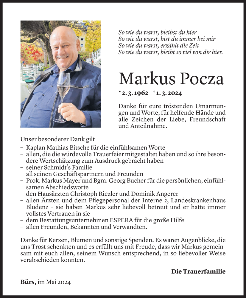  Todesanzeige für Markus Pocza vom 03.05.2024 aus Vorarlberger Nachrichten