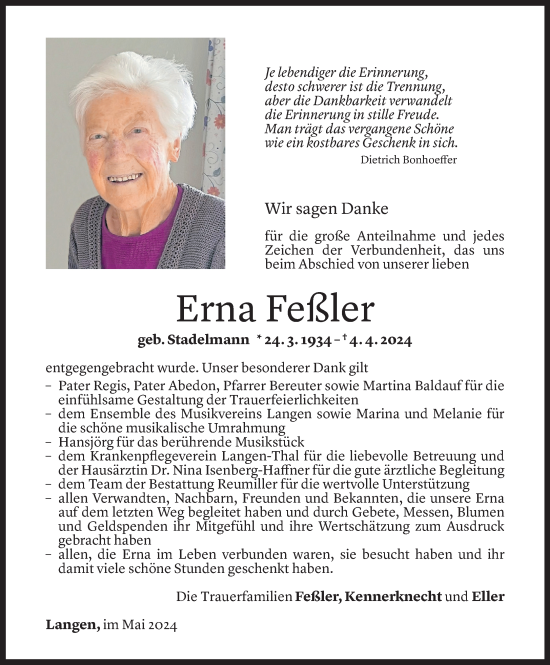 Todesanzeige von Erna Feßler von Vorarlberger Nachrichten