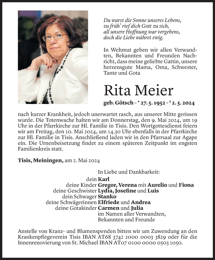  Todesanzeige für Rita Meier vom 08.05.2024 aus Vorarlberger Nachrichten