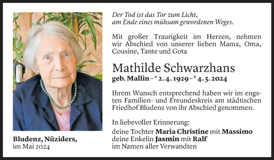 Todesanzeige von Mathilde Schwarzhans von Vorarlberger Nachrichten