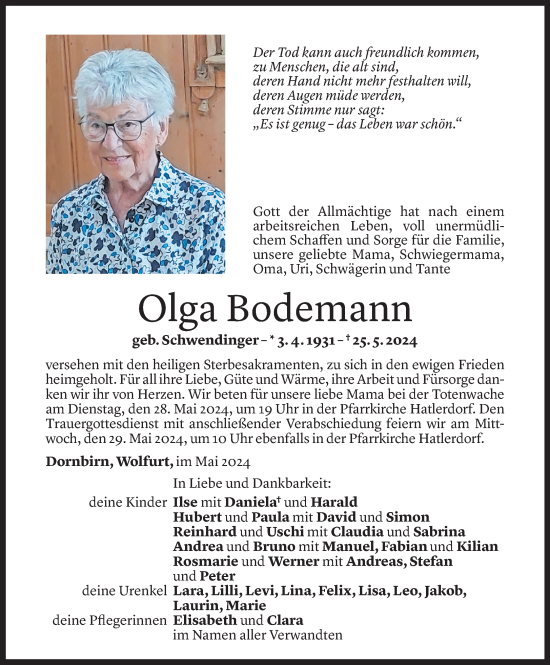 Todesanzeige von Olga Bodemann von Vorarlberger Nachrichten