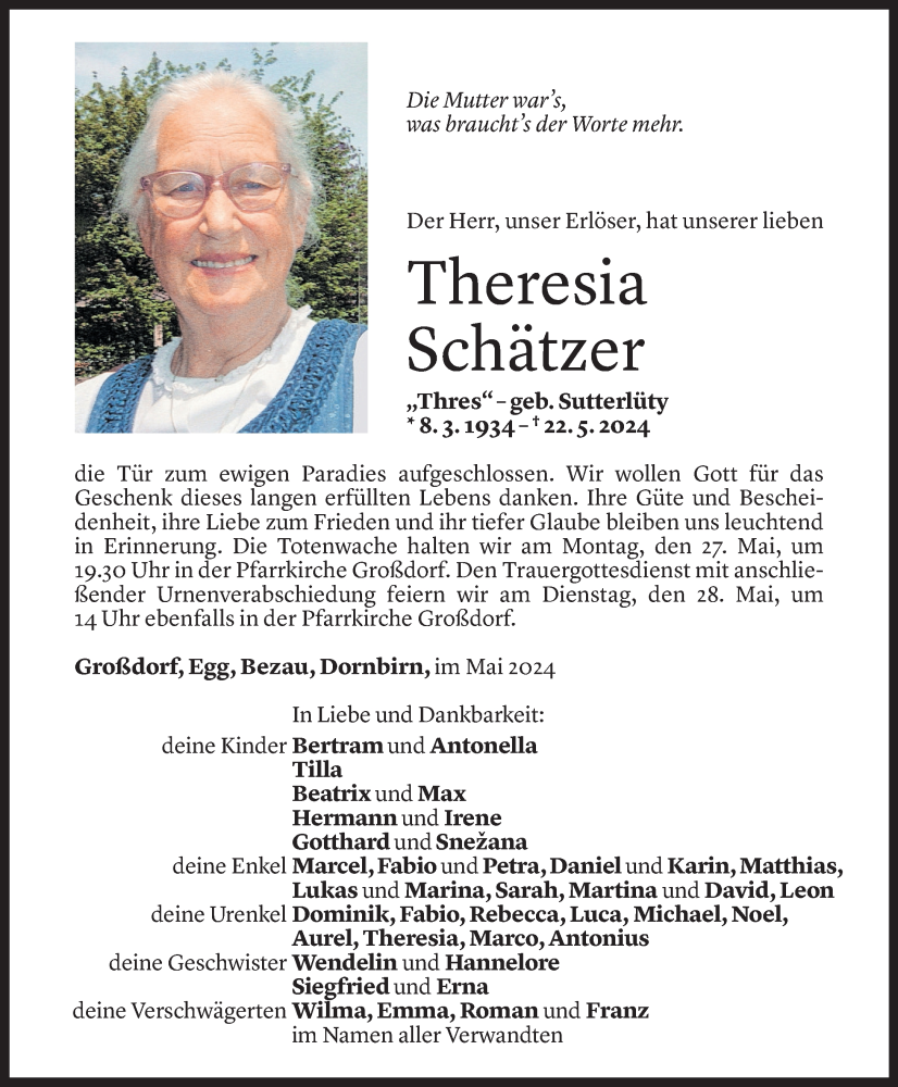  Todesanzeige für Theresia Schätzer vom 24.05.2024 aus Vorarlberger Nachrichten