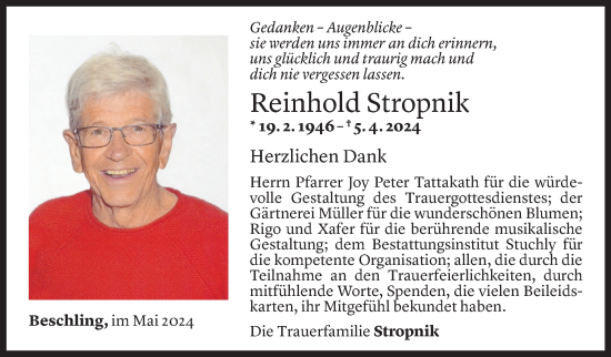 Todesanzeige von Reinhold Stropnik von Vorarlberger Nachrichten