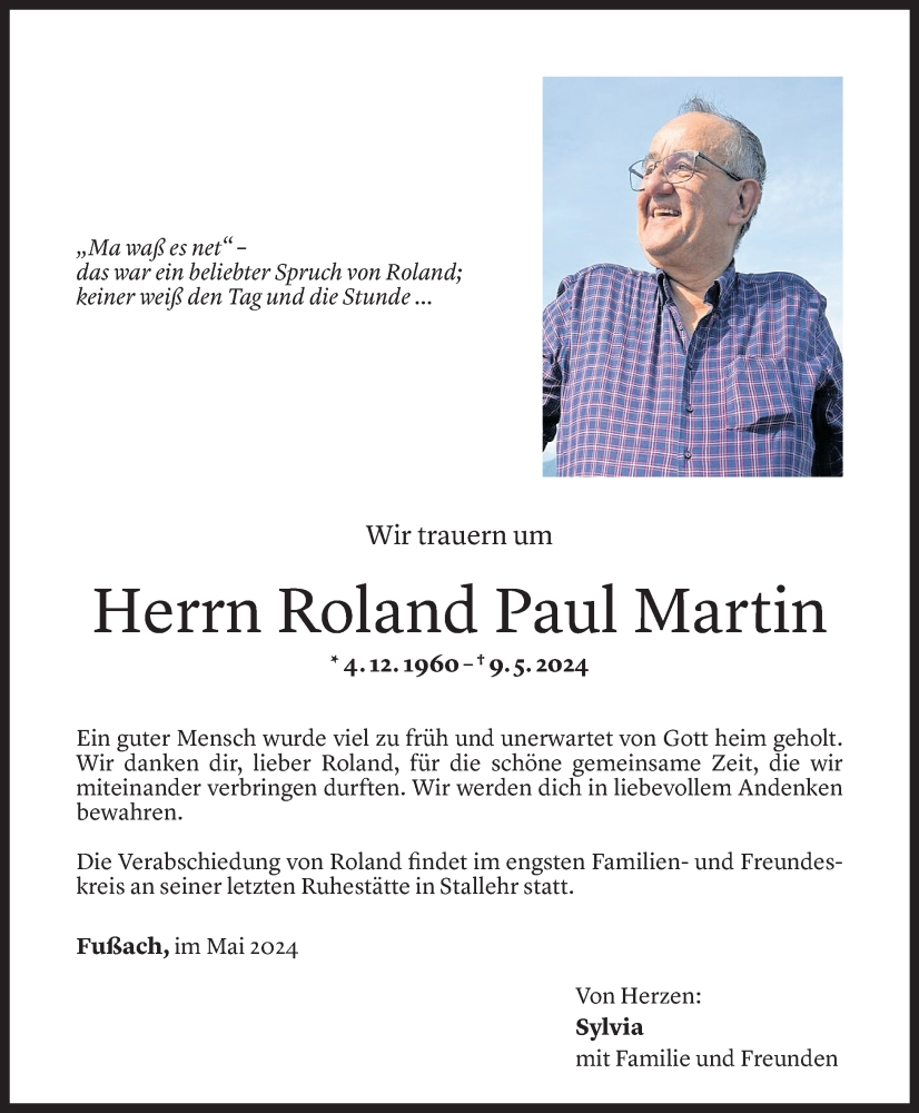  Todesanzeige für Roland Paul Martin vom 25.05.2024 aus Vorarlberger Nachrichten