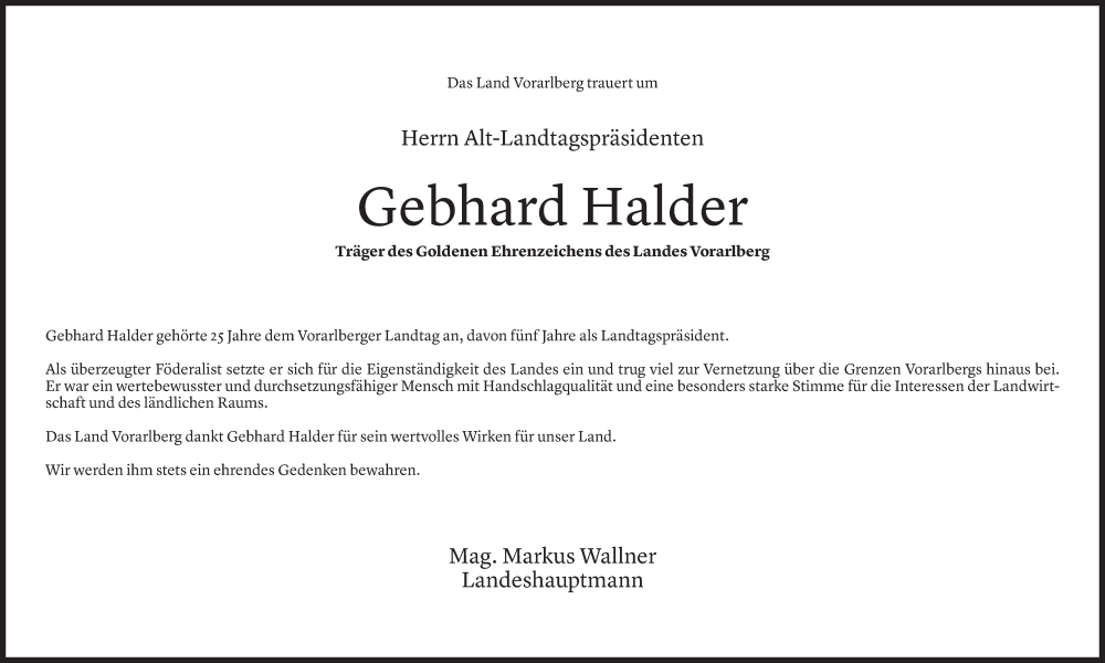  Todesanzeige für Gebhard Halder vom 24.05.2024 aus Vorarlberger Nachrichten