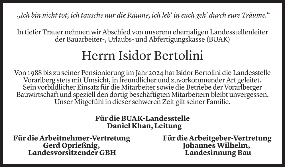  Todesanzeige für Isidor Bertolini vom 07.05.2024 aus Vorarlberger Nachrichten