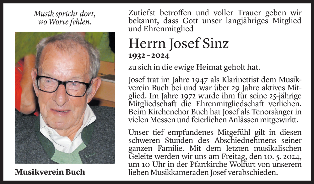  Todesanzeige für Josef Sinz vom 08.05.2024 aus Vorarlberger Nachrichten