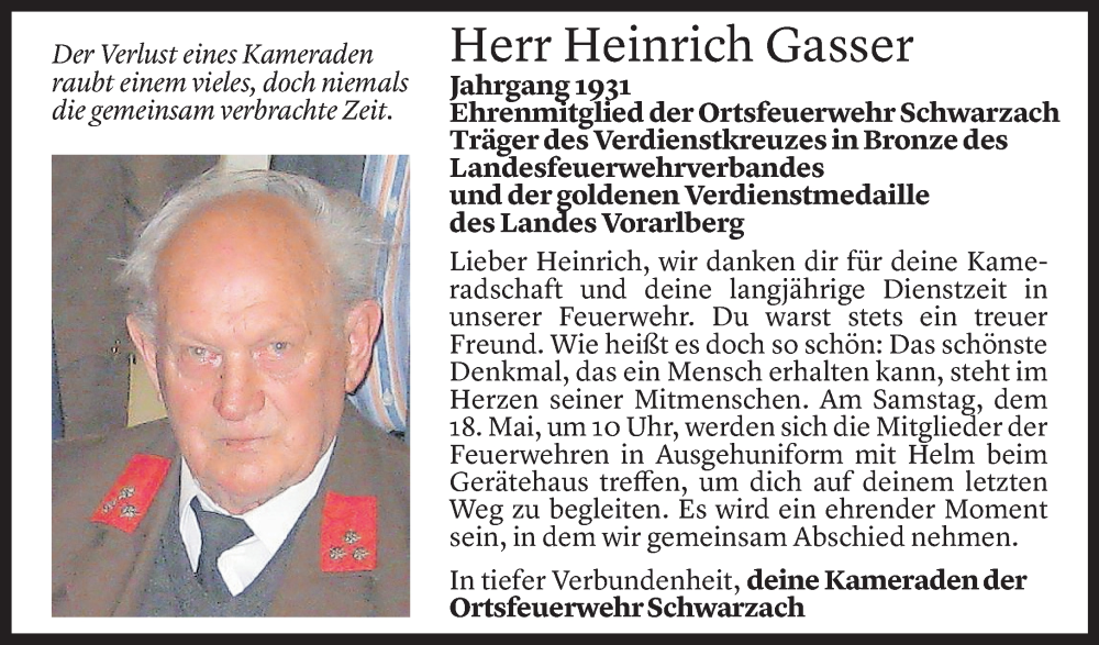  Todesanzeige für Heinrich Gasser vom 15.05.2024 aus Vorarlberger Nachrichten
