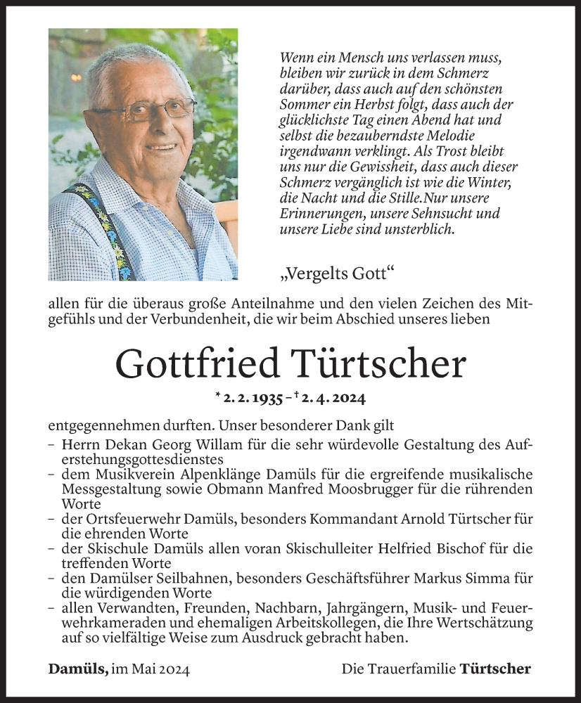  Todesanzeige für Gottfried Türtscher vom 16.05.2024 aus Vorarlberger Nachrichten