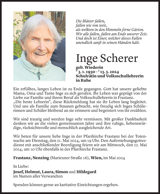Todesanzeige von Inge Scherer von Vorarlberger Nachrichten