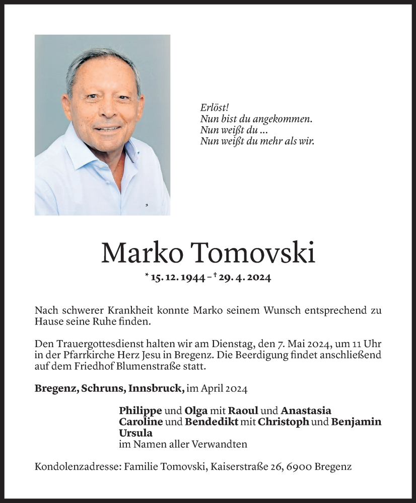  Todesanzeige für Marko Tomovski vom 04.05.2024 aus Vorarlberger Nachrichten
