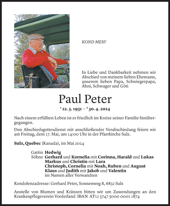 Todesanzeige von Paul Peter von Vorarlberger Nachrichten