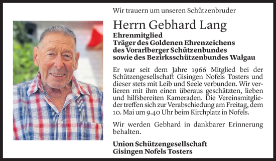 Todesanzeige von Gebhard Lang von Vorarlberger Nachrichten