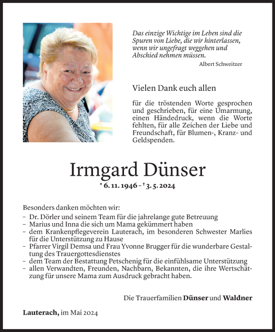Todesanzeige von Irmgard Dünser von Vorarlberger Nachrichten