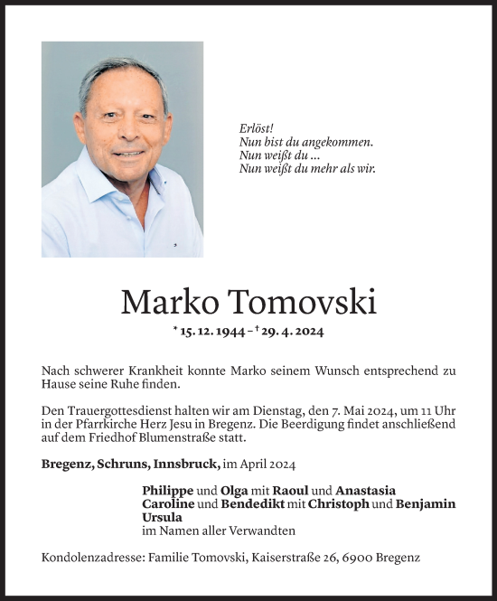 Todesanzeige von Marko Tomovski von Vorarlberger Nachrichten
