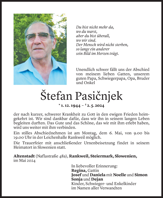 Todesanzeige von Stefan Pasicnjek von Vorarlberger Nachrichten