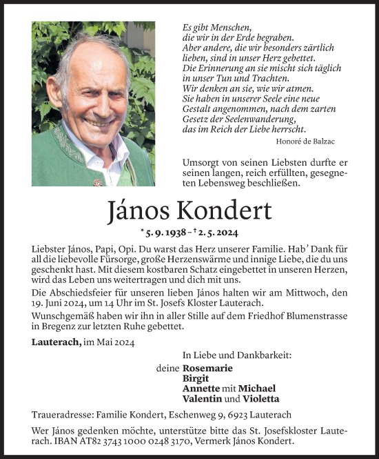 Todesanzeige von Janos Kondert von Vorarlberger Nachrichten