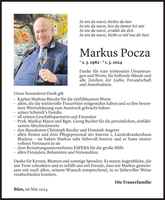 Todesanzeige von Markus Pocza von Vorarlberger Nachrichten