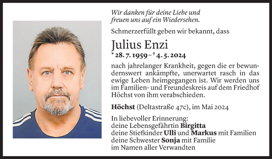 Todesanzeige von Julius Enzi von Vorarlberger Nachrichten